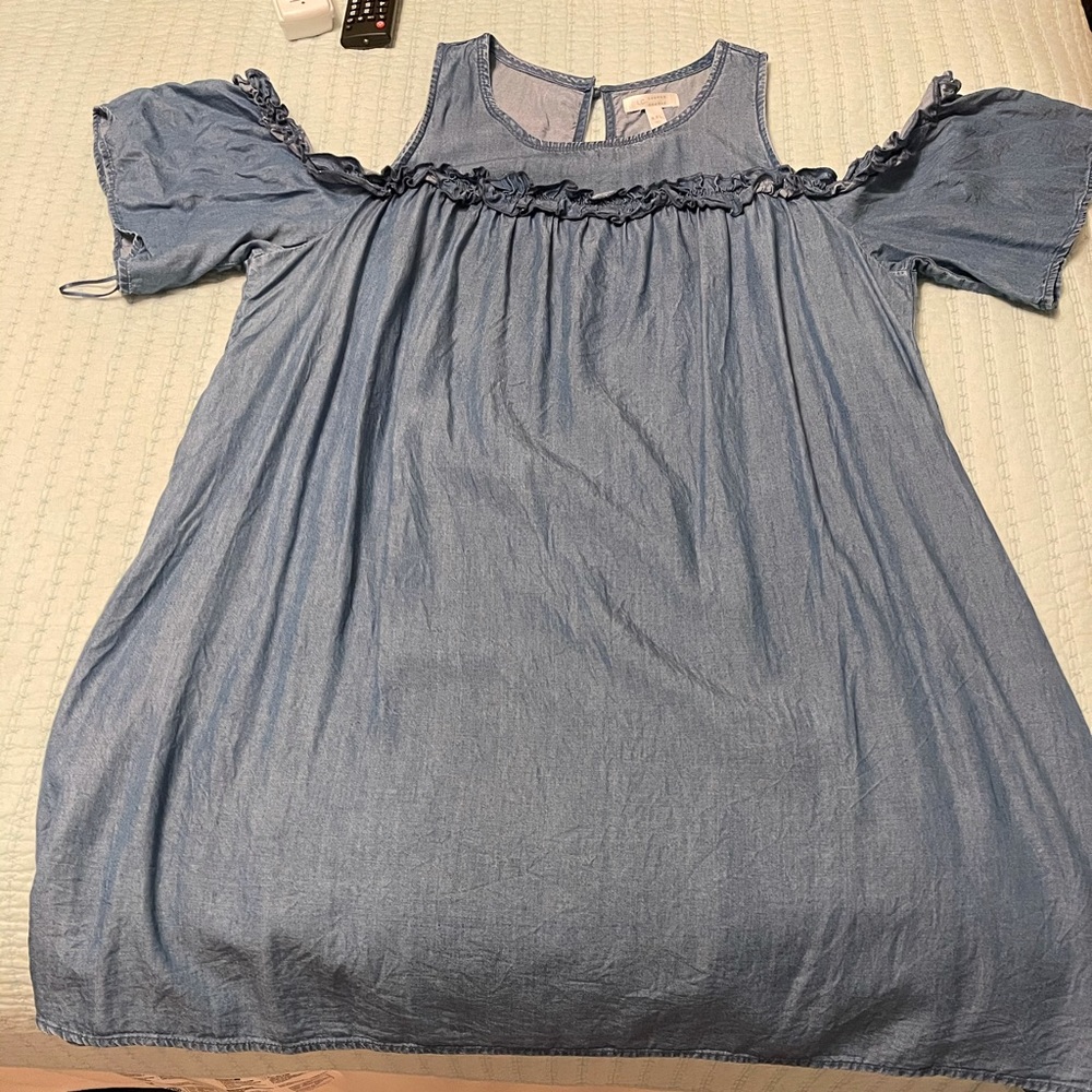 Soft denim off the shoulder above the knee dress